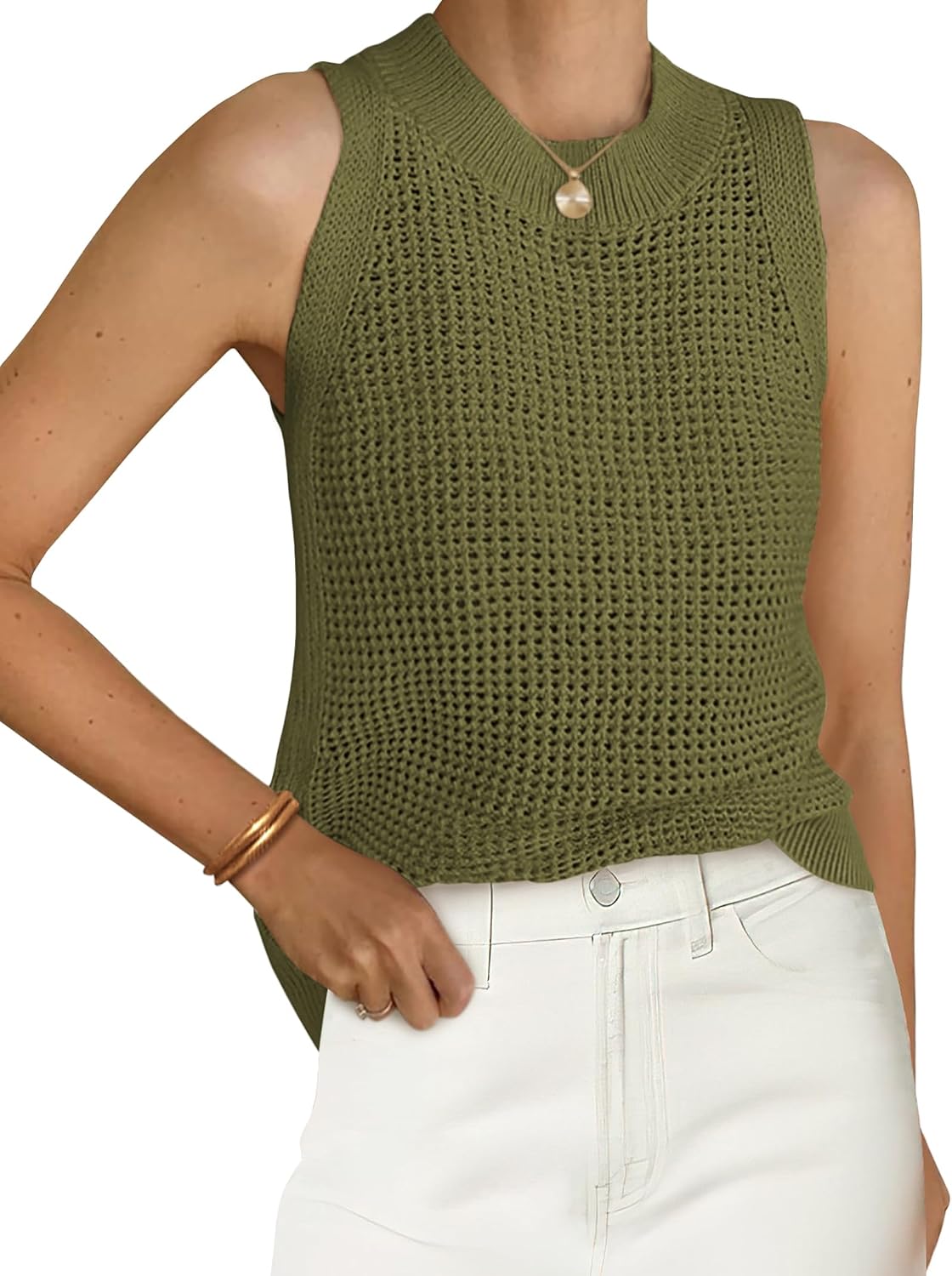 Women's Crochet Knit Tank Top - Crew Neck, Open Hollow Out Stitch, Sleeveless Sweater Vest for Resort Days - Medium