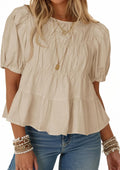 Women's Puff Sleeve Peplum Top - Pleated Babydoll Cut, Short Sleeve Cotton Blouse for Summer Outings - Apricot