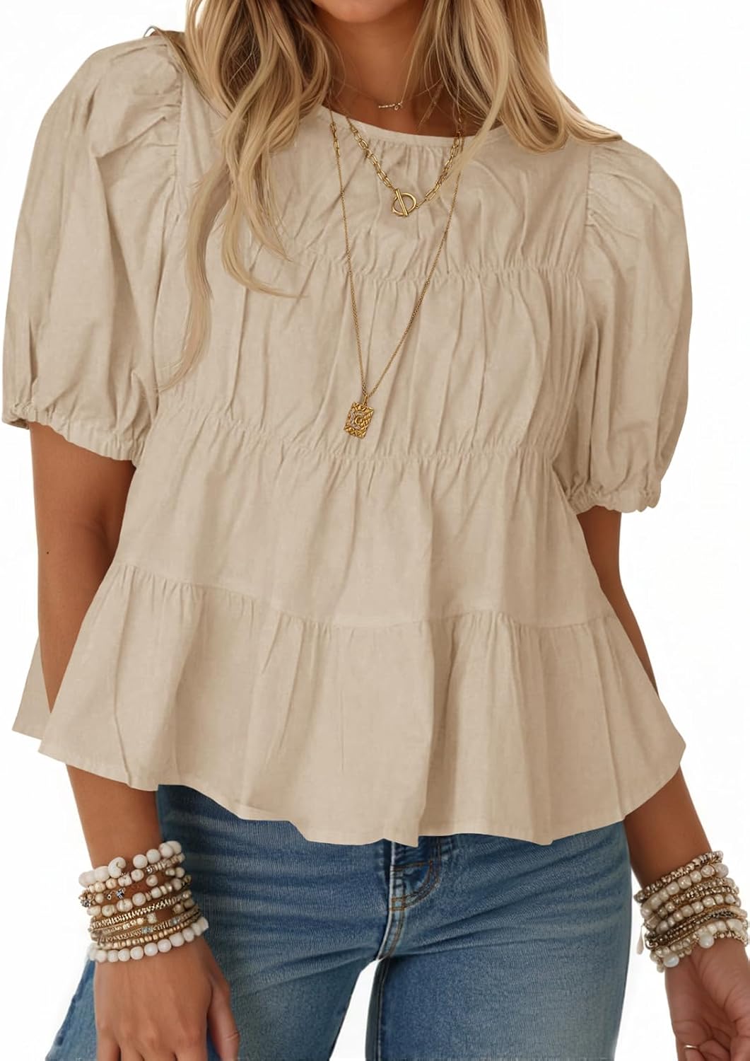 Women's Puff Sleeve Peplum Top - Pleated Babydoll Cut, Short Sleeve Cotton Blouse for Summer Outings - Apricot