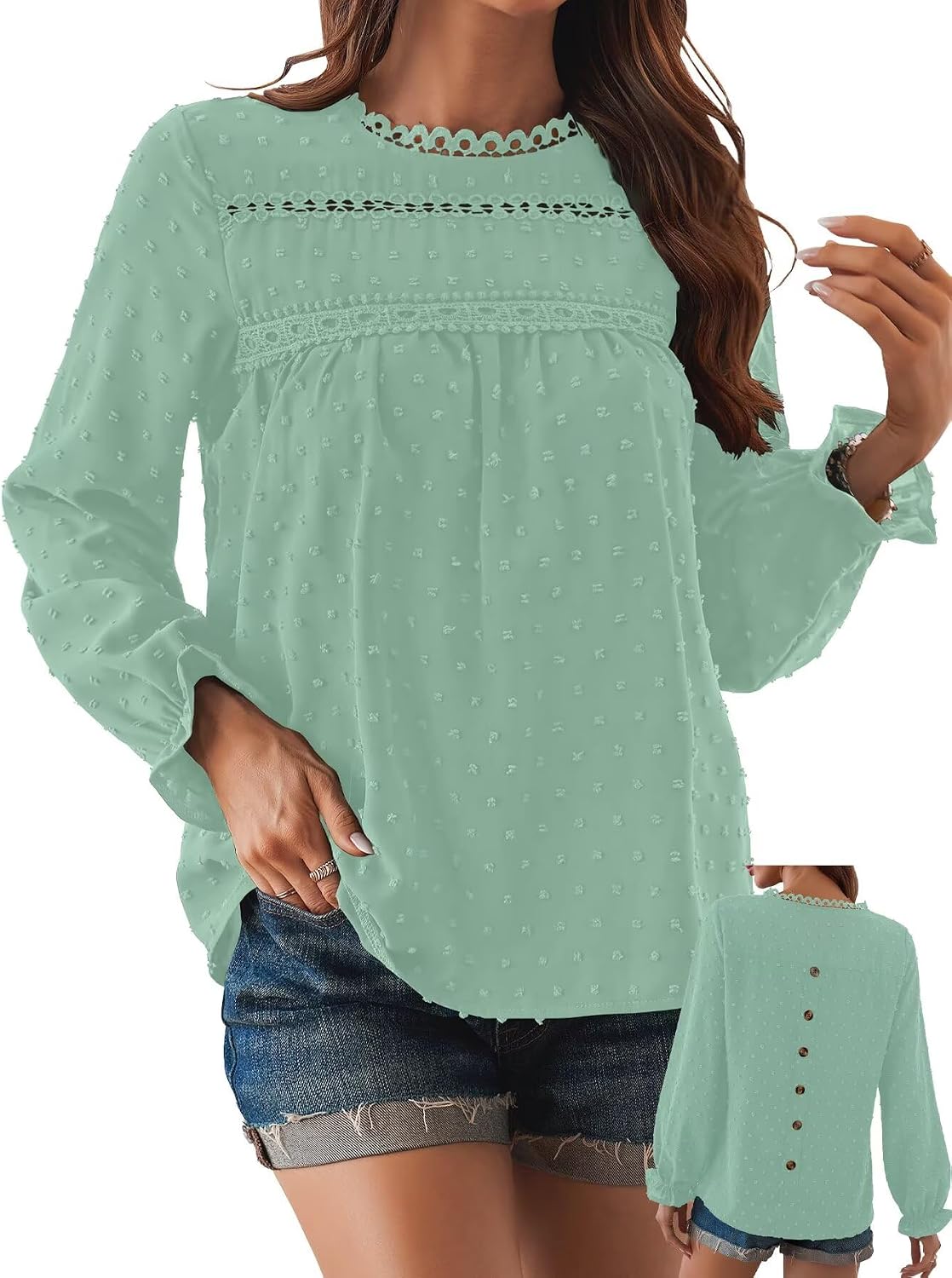 Women's Swiss Dot Ruffle Blouse - Long Sleeve Crew Neck, Eyelet Lace Trim, Flowy Fit in Sizes XS to 5XL - Medium