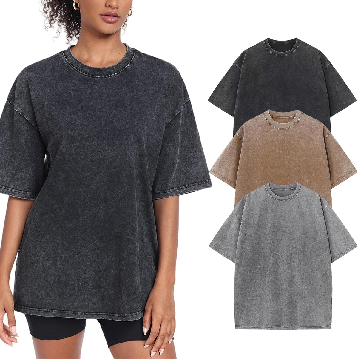 Women's Washed Vintage Oversized T-Shirt - Baggy Cotton Boyfriend Tee, Short Sleeve Street Wear Top - Medium