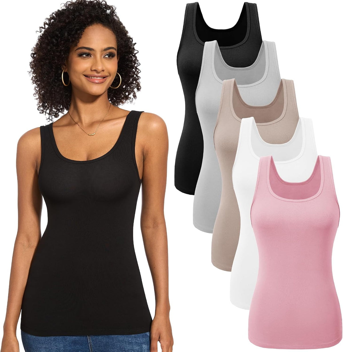 Women's Ribbed Tank Tops 5 Pack - Scoop Neck, Wide Straps, Stretch Fitted Layering Camis for Everyday Wear - Small