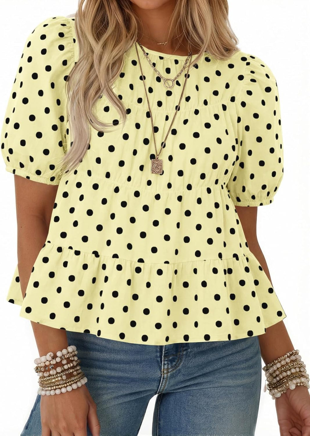 Women's Puff Sleeve Peplum Top - Pleated Babydoll Cut, Short Sleeve Cotton Blouse for Summer Outings - Navy Polka Dot (2