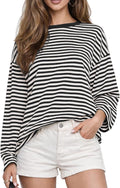 Women's Oversized Striped Long Sleeve Tee - Crew Neck, Contrast Stripe Knit, Relaxed Fall Top for Layering - Small