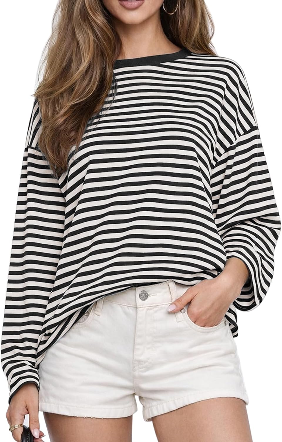 Women's Oversized Striped Long Sleeve Tee - Crew Neck, Contrast Stripe Knit, Relaxed Fall Top for Layering - Small