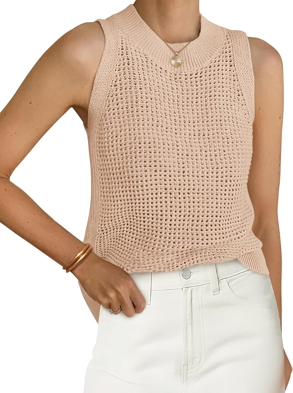 Women's Crochet Knit Tank Top - Crew Neck, Open Hollow Out Stitch, Sleeveless Sweater Vest for Resort Days - Medium