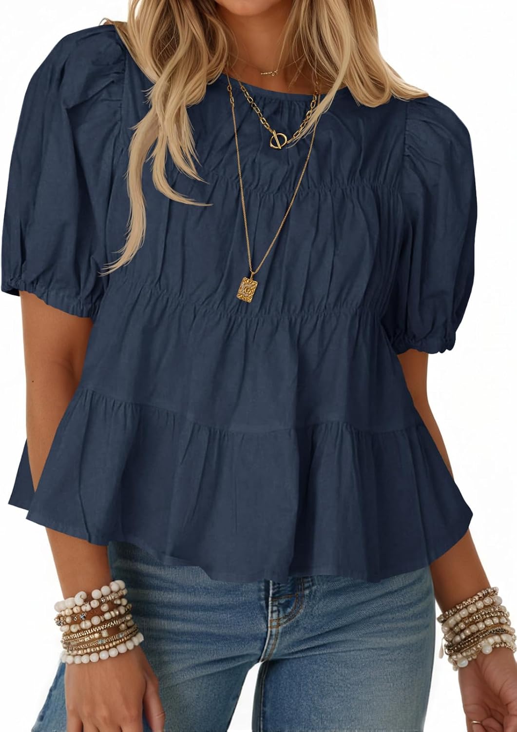 Women's Puff Sleeve Peplum Top - Pleated Babydoll Cut, Short Sleeve Cotton Blouse for Summer Outings - Orange