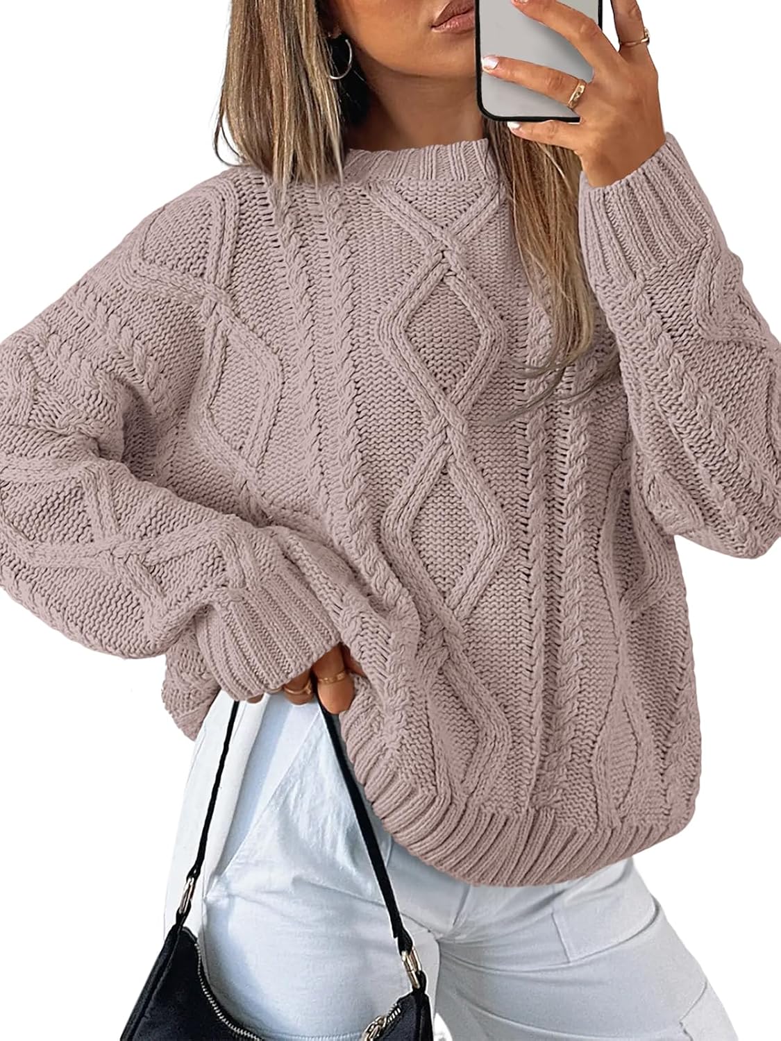 Women's Oversized Cable Knit Sweater - Chunky Knit Texture, Drop Shoulders, Pullover for Fall Layering - Small
