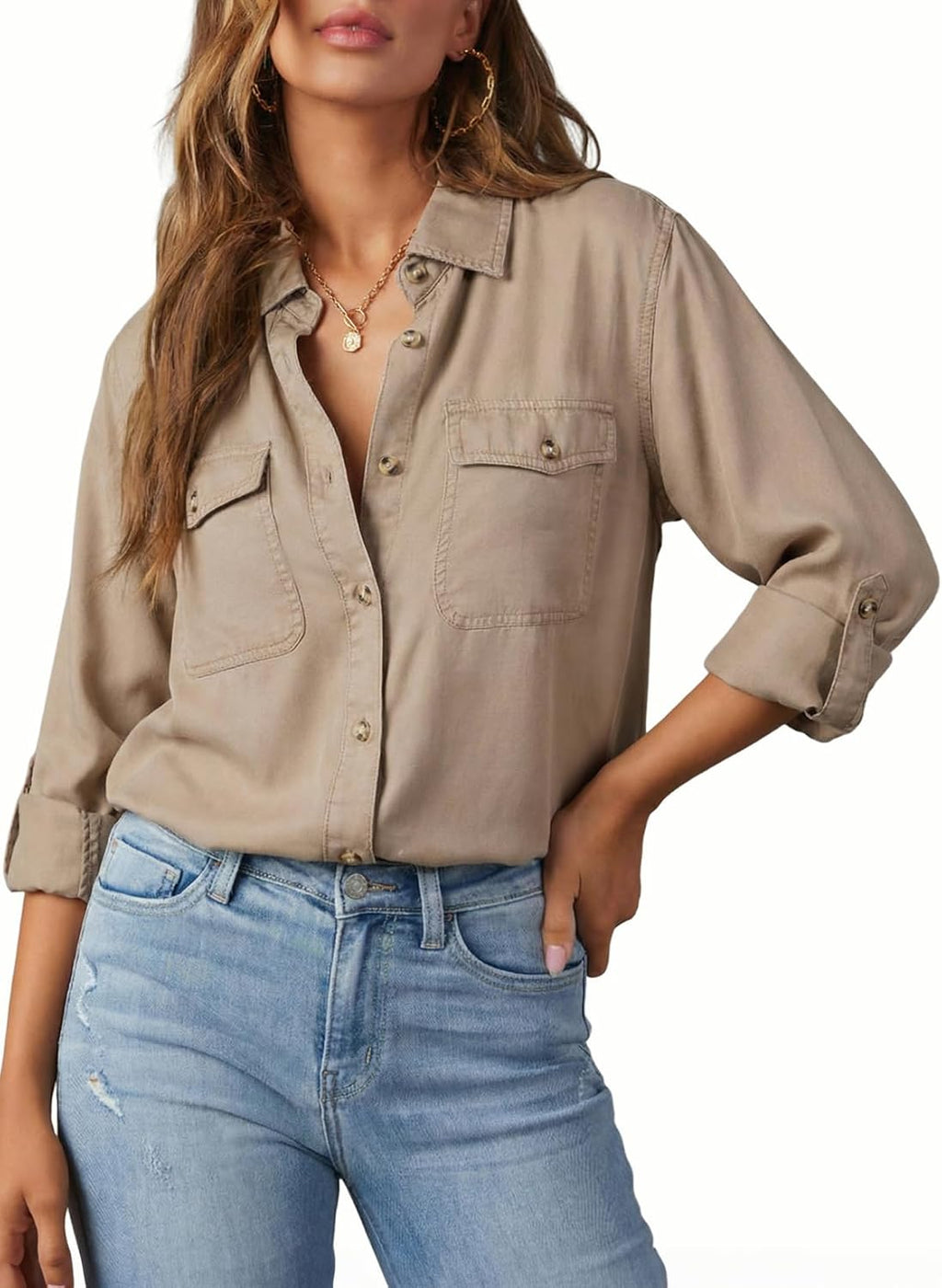 Women's Chambray Button Down Shirt - Long Sleeve, V Neckline, Soft Denim Blouse for Casual Workdays - Small