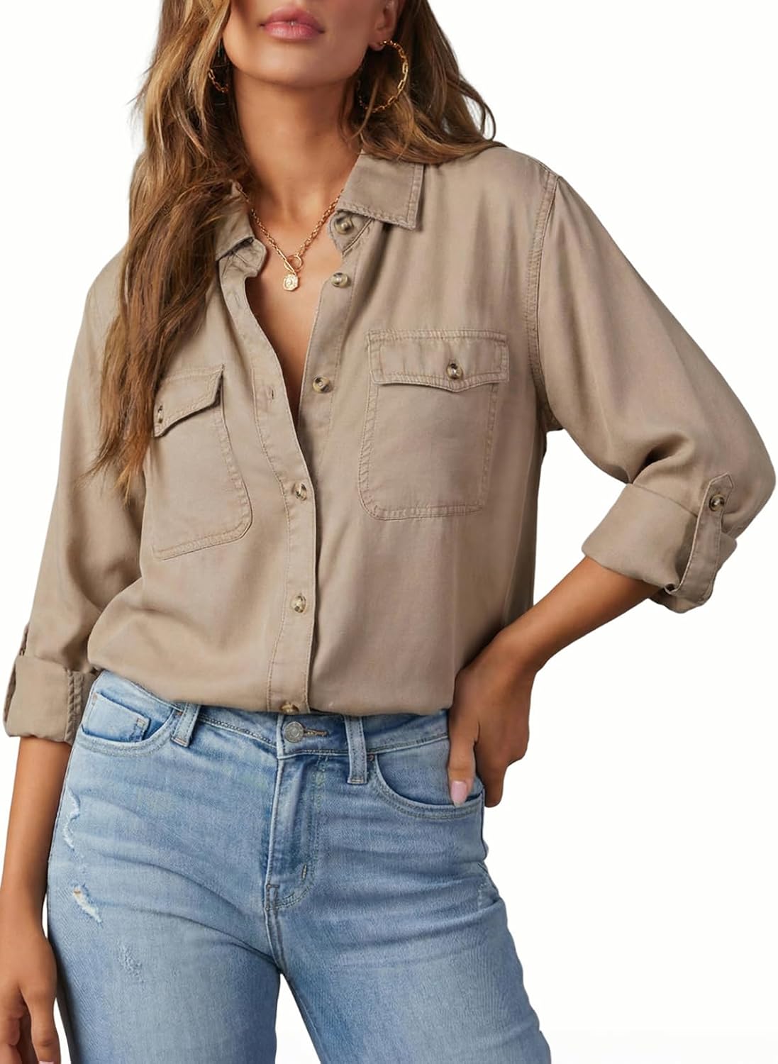 Women's Chambray Button Down Shirt - Long Sleeve, V Neckline, Soft Denim Blouse for Casual Workdays - Small
