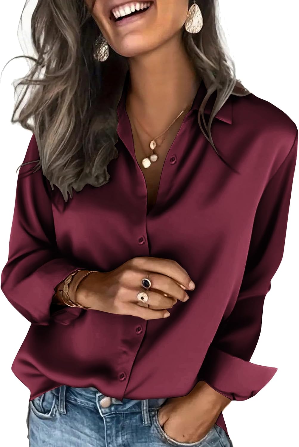 Women's Satin Button Down Blouse - Long Sleeves, Silky Drape, Business Casual Shirt for the Office - Navy