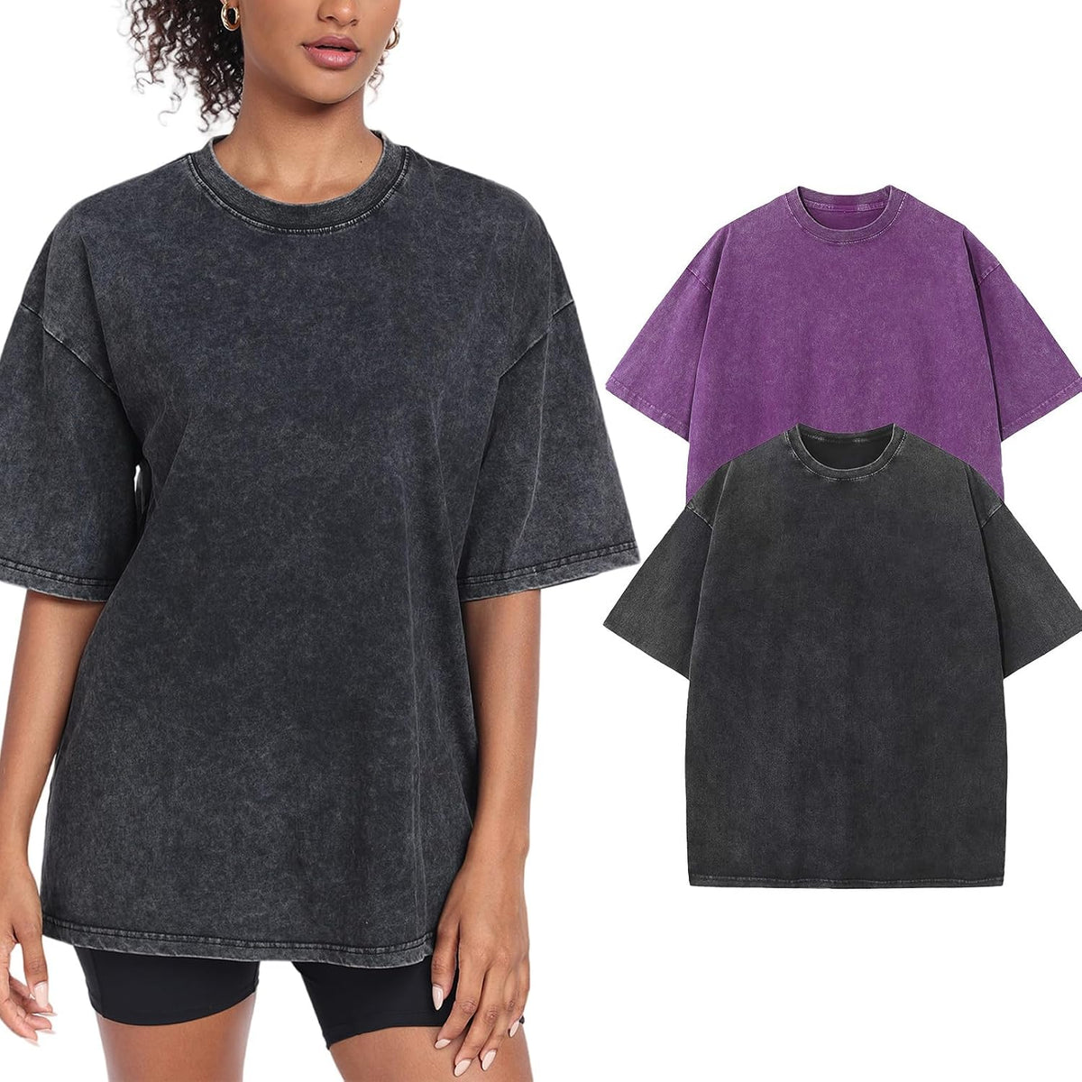 Women's Washed Vintage Oversized T-Shirt - Baggy Cotton Boyfriend Tee, Short Sleeve Street Wear Top - Large (26)