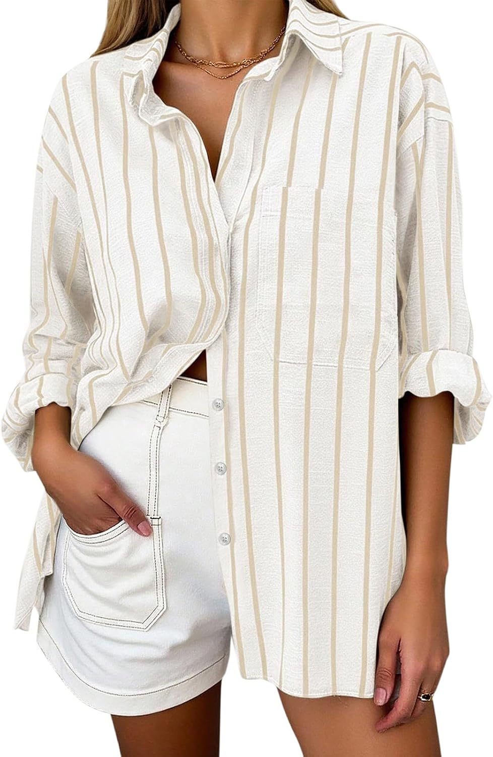 Women's Oversized Linen Blend Shirt - Striped, Long Sleeve Button Down with a Chest Pocket for Beach Days - Medium