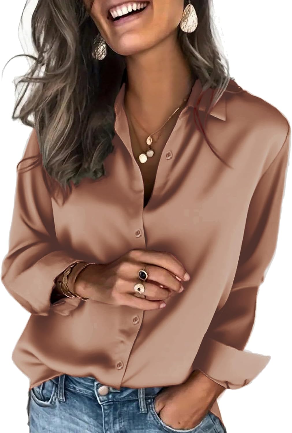 Women's Satin Button Down Blouse - Long Sleeves, Silky Drape, Business Casual Shirt for the Office - Aa-white (4)