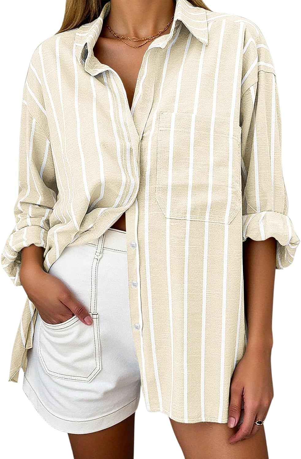 Women's Oversized Linen Blend Shirt - Striped, Long Sleeve Button Down with a Chest Pocket for Beach Days - Large