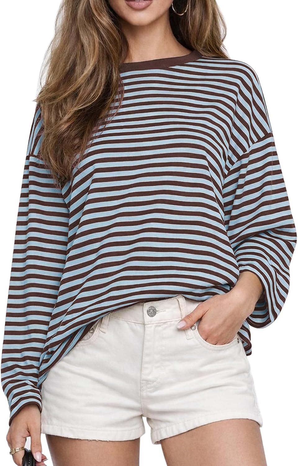 Women's Oversized Striped Long Sleeve Tee - Crew Neck, Contrast Stripe Knit, Relaxed Fall Top for Layering - Small