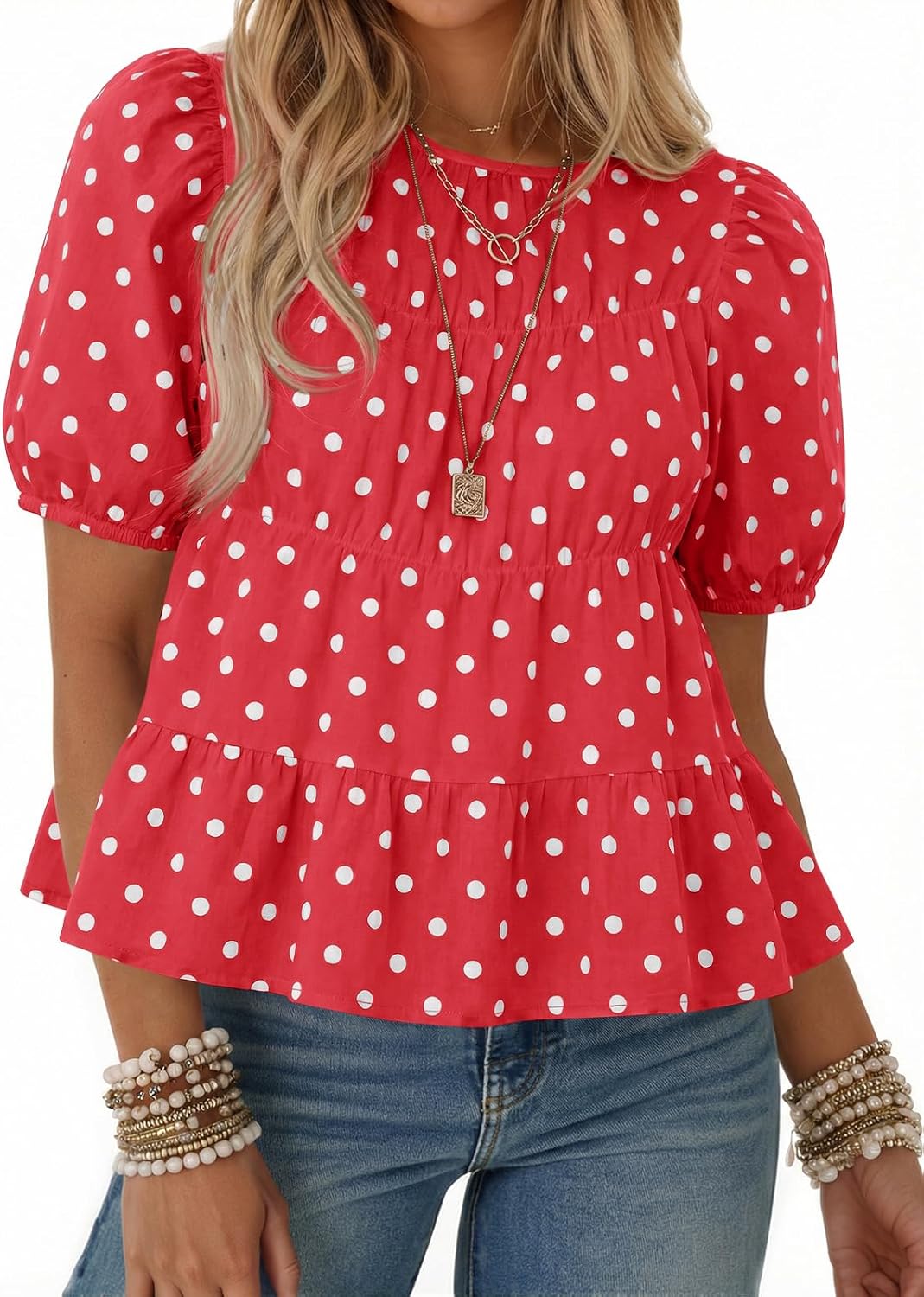 Women's Puff Sleeve Peplum Top - Pleated Babydoll Cut, Short Sleeve Cotton Blouse for Summer Outings - Light Yellow