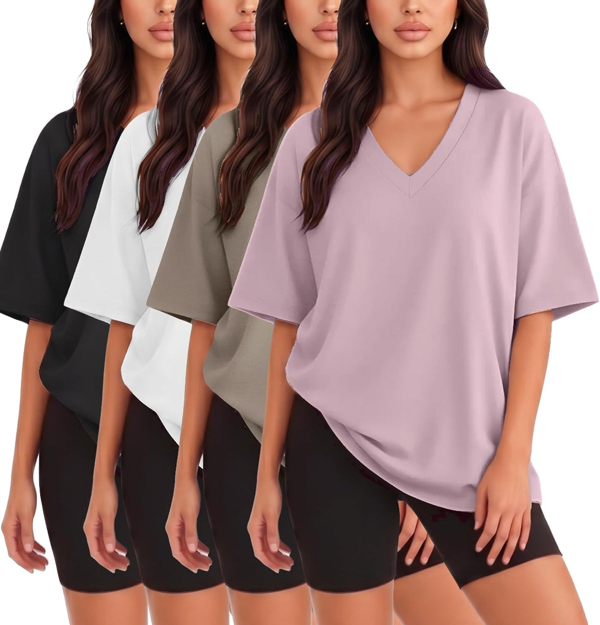 Women's Oversized V Neck Tees 4 Pack - Drop Shoulder, Quick Dry Baggy Tops for Gym and Lounging - Small