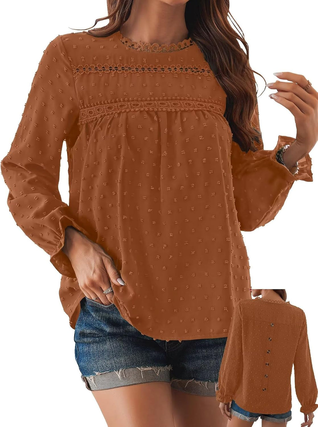 Women's Swiss Dot Ruffle Blouse - Long Sleeve Crew Neck, Eyelet Lace Trim, Flowy Fit in Sizes XS to 5XL - Small (13)