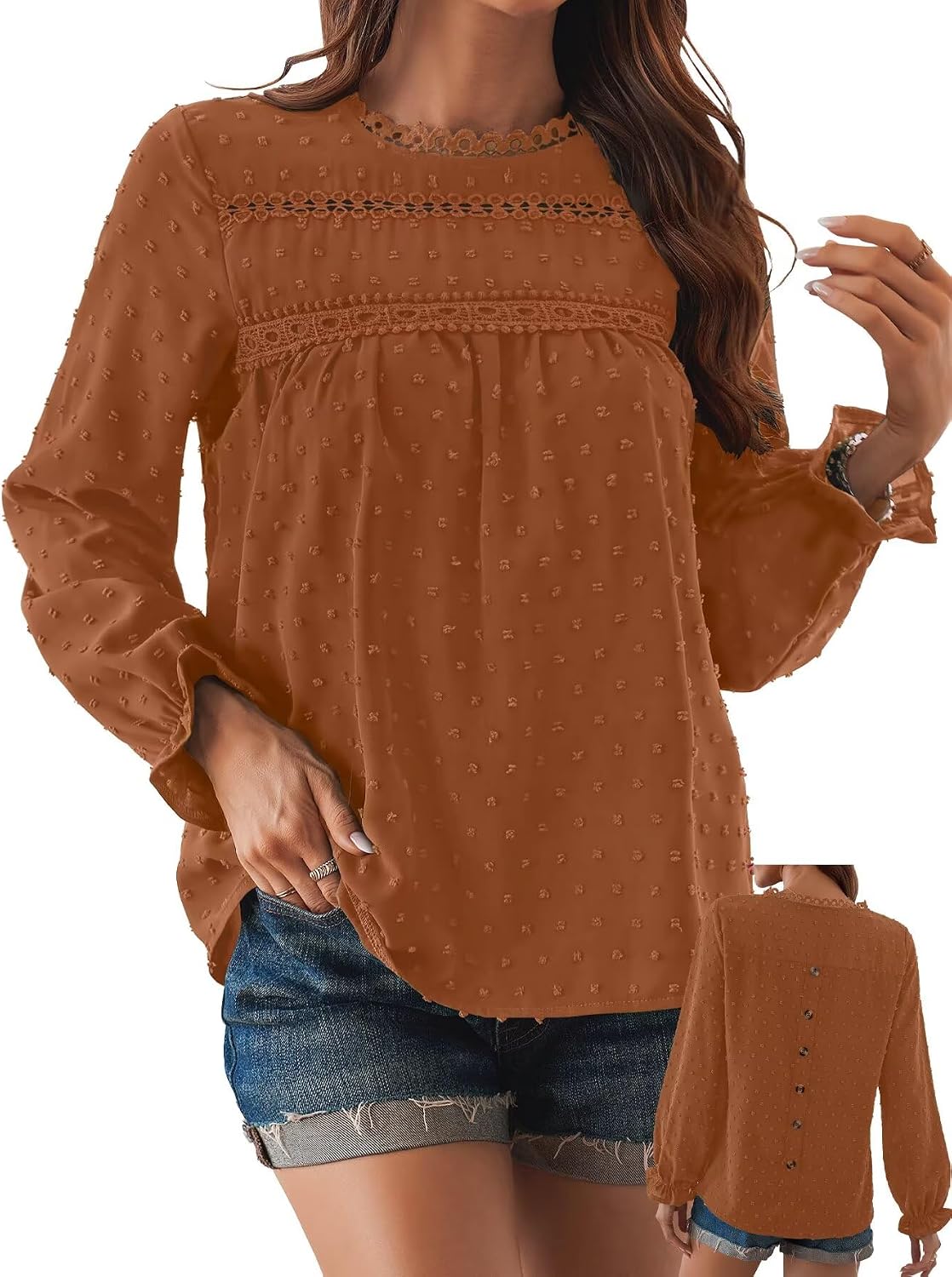 Women's Swiss Dot Ruffle Blouse - Long Sleeve Crew Neck, Eyelet Lace Trim, Flowy Fit in Sizes XS to 5XL - Small (13)