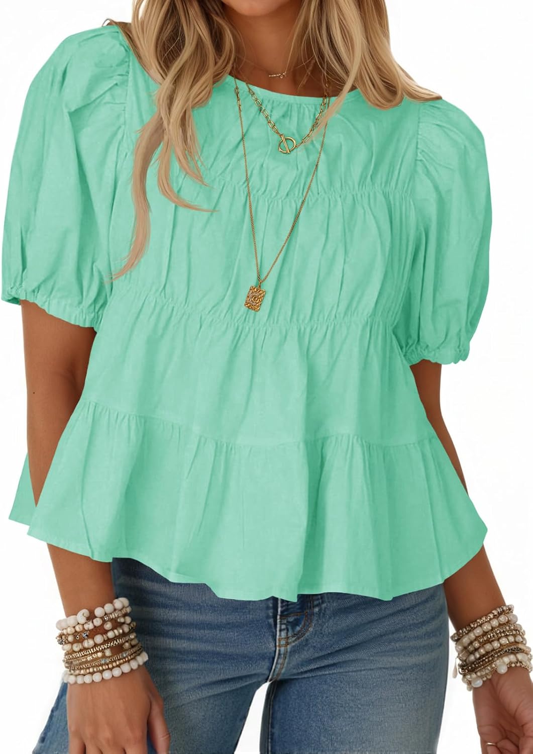 Women's Puff Sleeve Peplum Top - Pleated Babydoll Cut, Short Sleeve Cotton Blouse for Summer Outings - Apricot