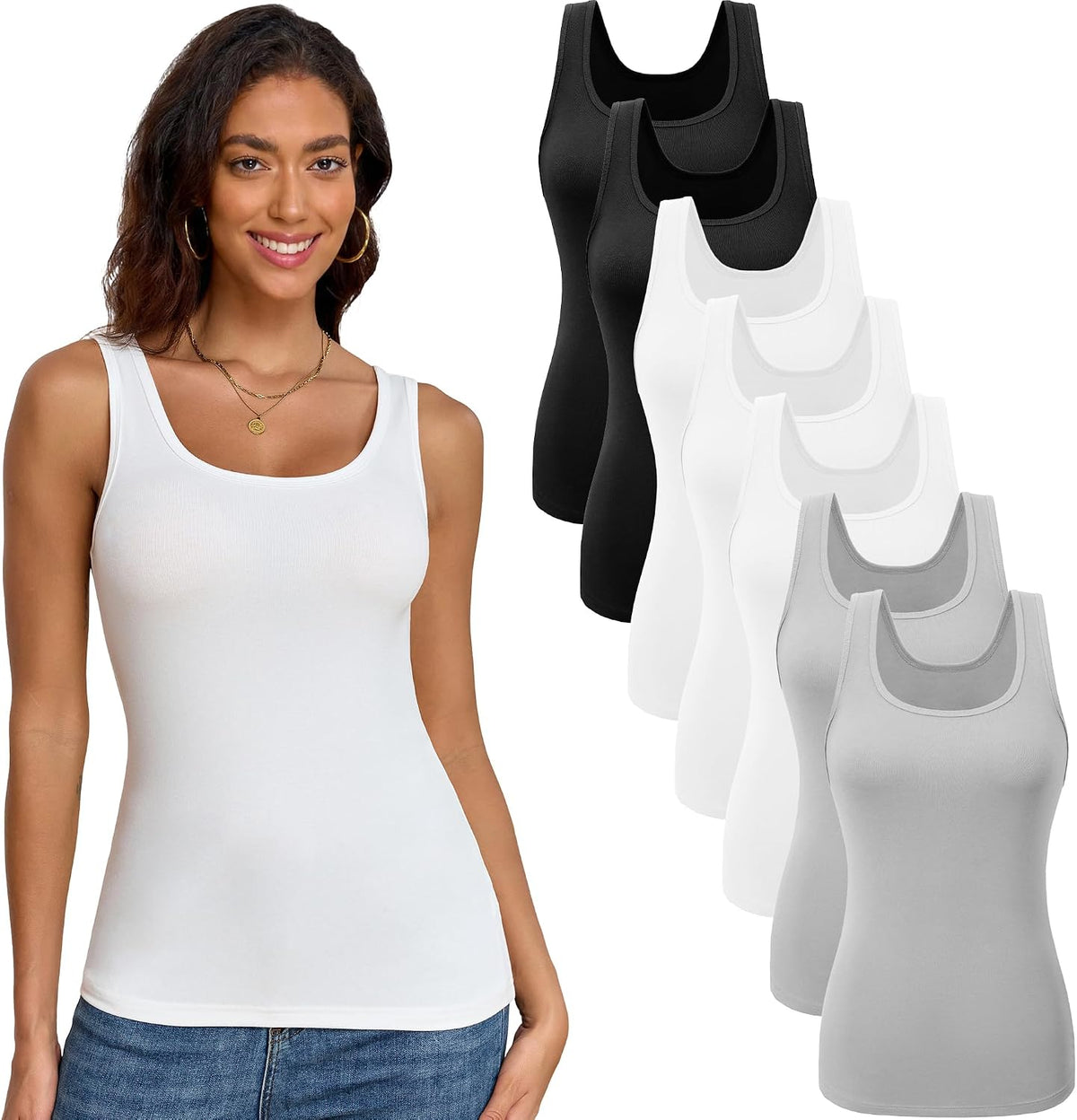 Women's Basic Tank Tops 7 Pack - Scoop Neck, Wide Straps, Stretch Fitted Layering Camis for Daily Wear - Small