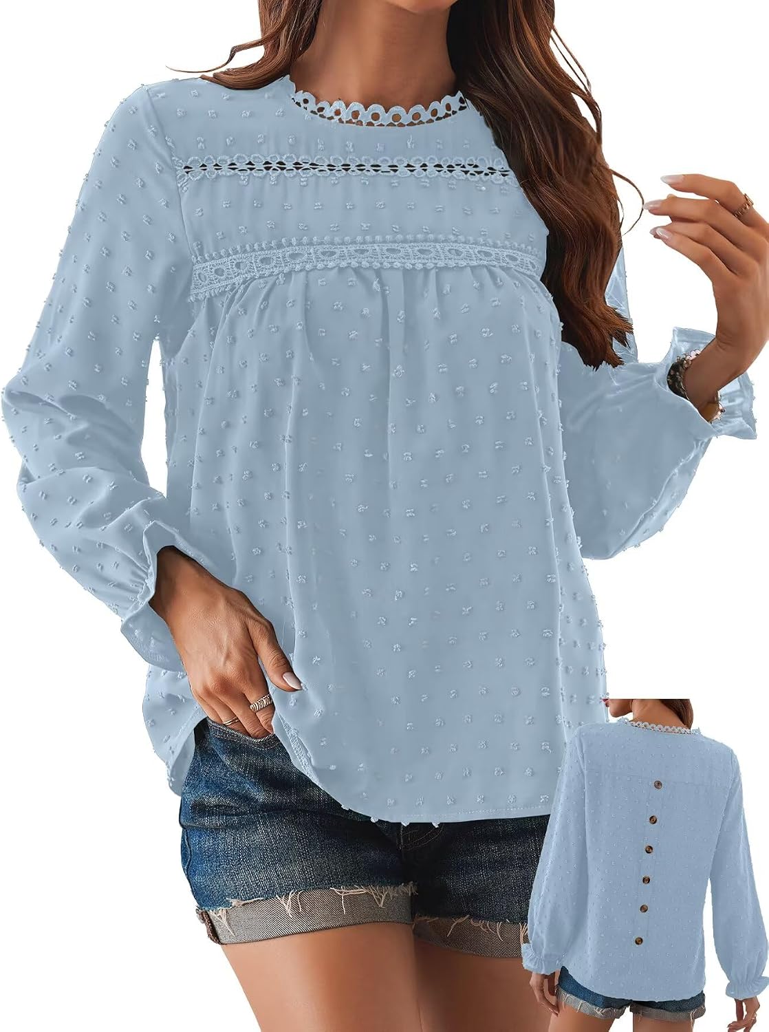 Women's Swiss Dot Ruffle Blouse - Long Sleeve Crew Neck, Eyelet Lace Trim, Flowy Fit in Sizes XS to 5XL - Small