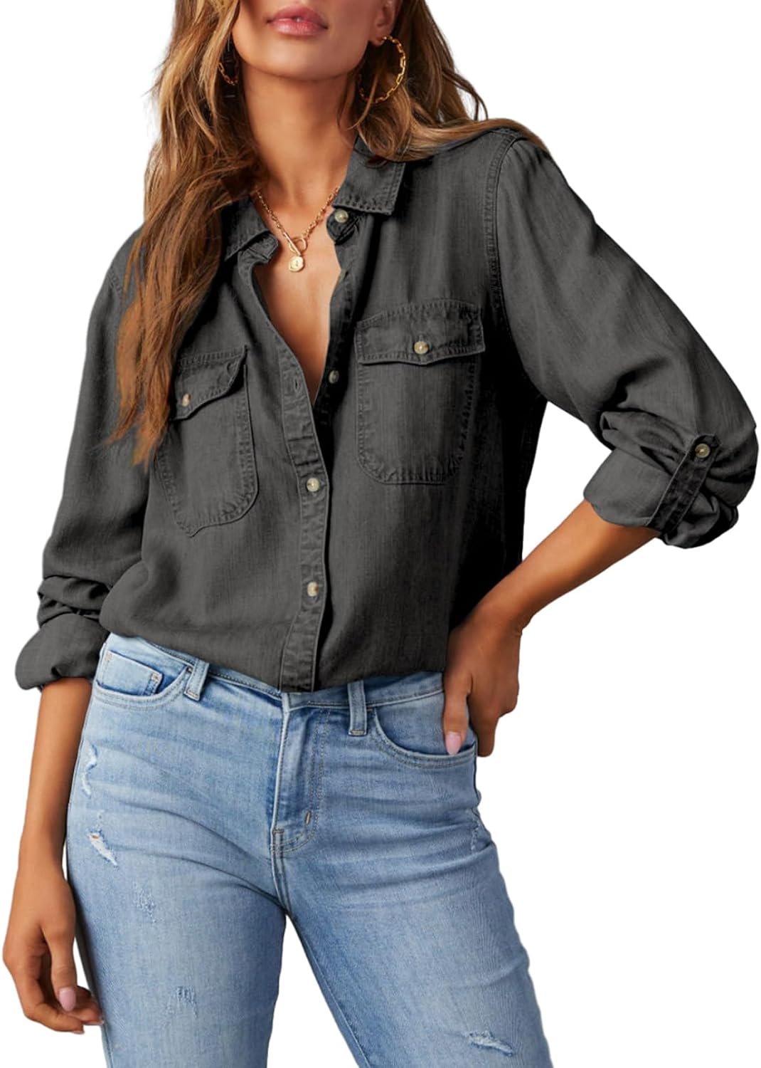 Women's Chambray Button Down Shirt - Long Sleeve, V Neckline, Soft Denim Blouse for Casual Workdays - Medium