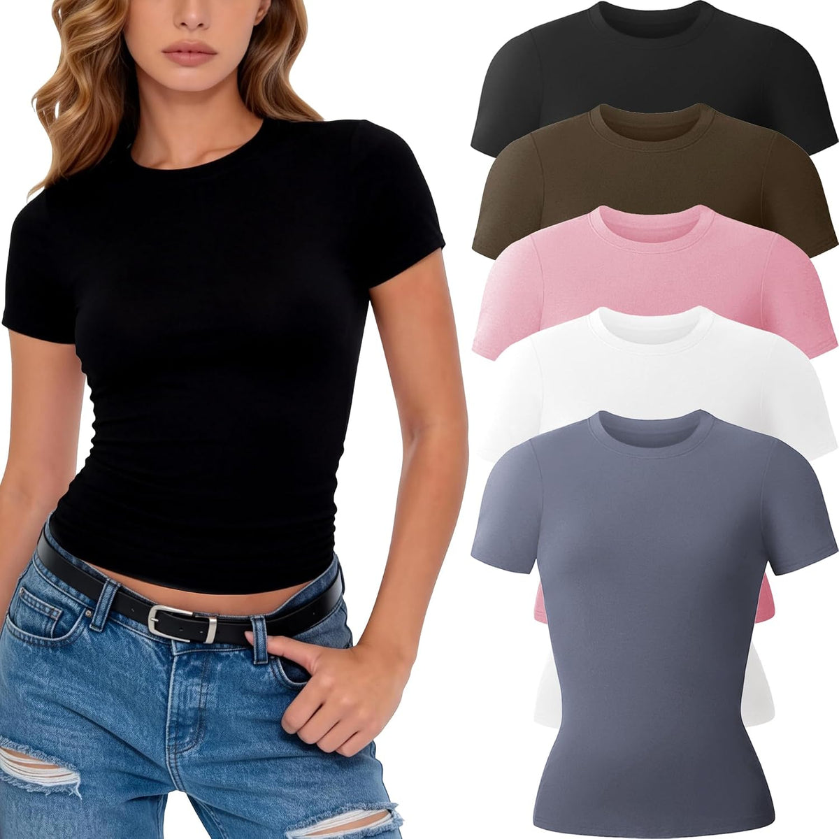 Women's Fitted Basic Tees 3 or 5 Pack - Crew Neck, Stretch Knit, Short Sleeve Tops for Layering and Gym - Small