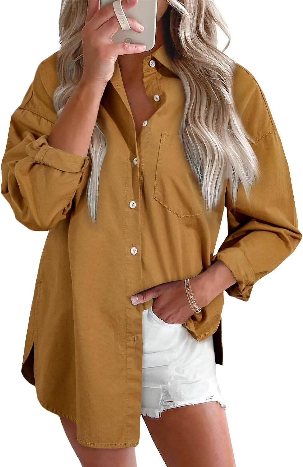 Women's Denim Button Down Shirt - V Neckline, Long Sleeves, Casual Chambray Blouse for Workdays and Weekends - Medium