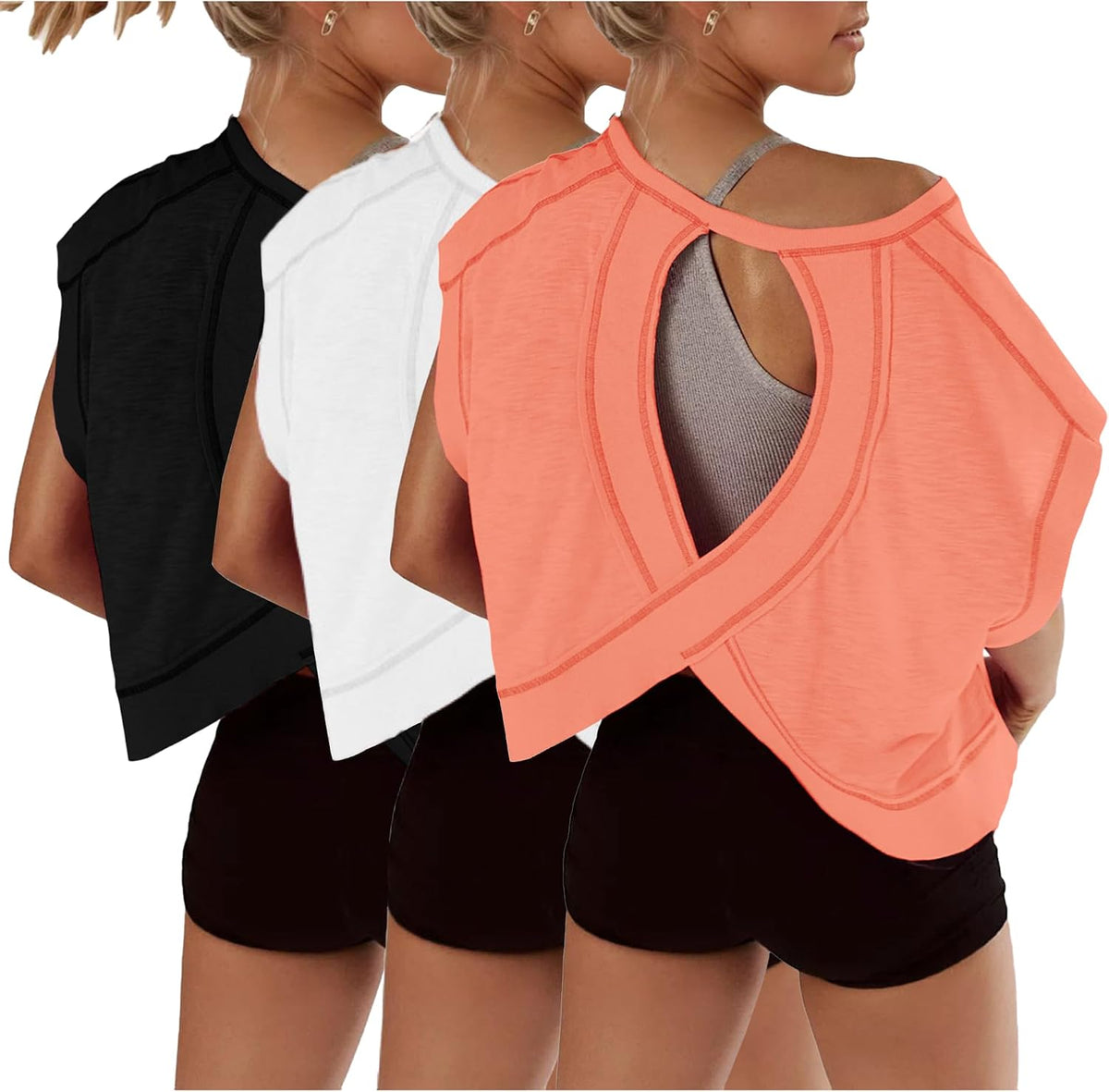Women's Open Back Crop Tops 3 Pack - Short Sleeve Athletic Tees for Gym, Yoga and Running Sessions - Black&white&blue