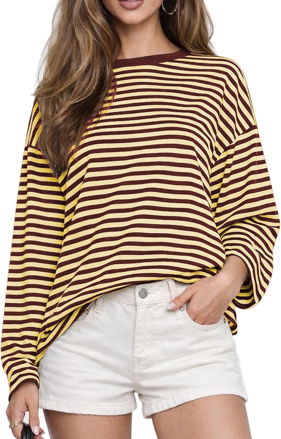 Women's Oversized Striped Long Sleeve Tee - Crew Neck, Contrast Stripe Knit, Relaxed Fall Top for Layering - Small