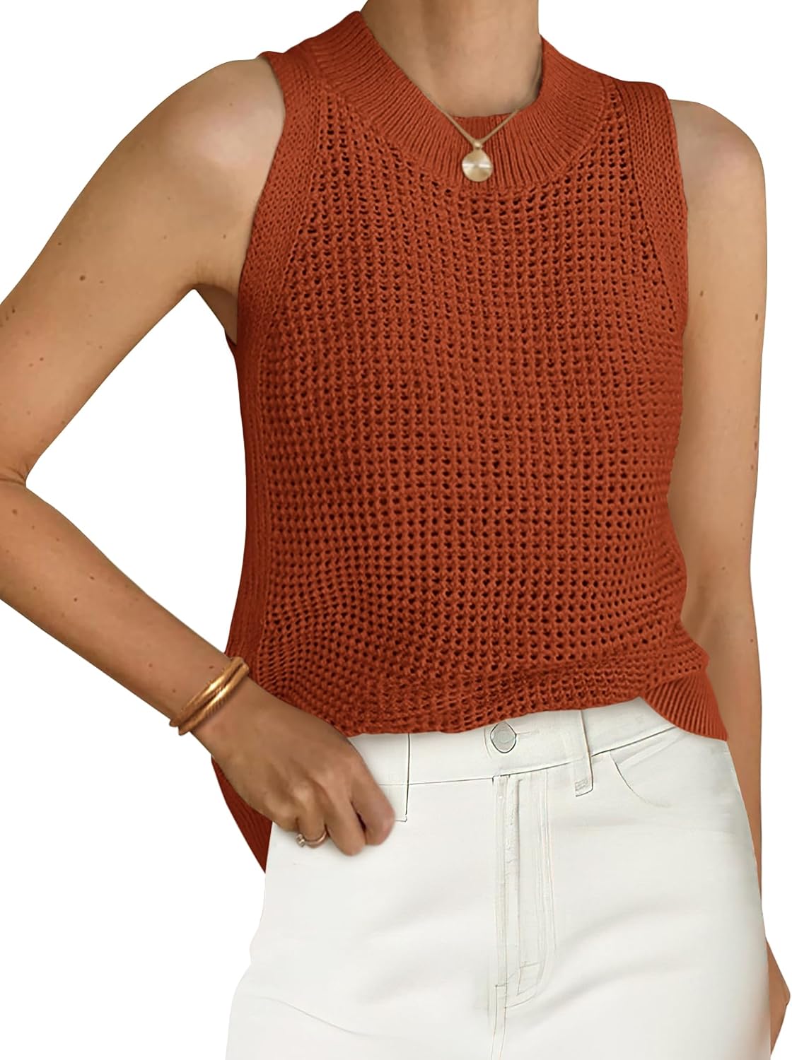 Women's Crochet Knit Tank Top - Crew Neck, Open Hollow Out Stitch, Sleeveless Sweater Vest for Resort Days - Small