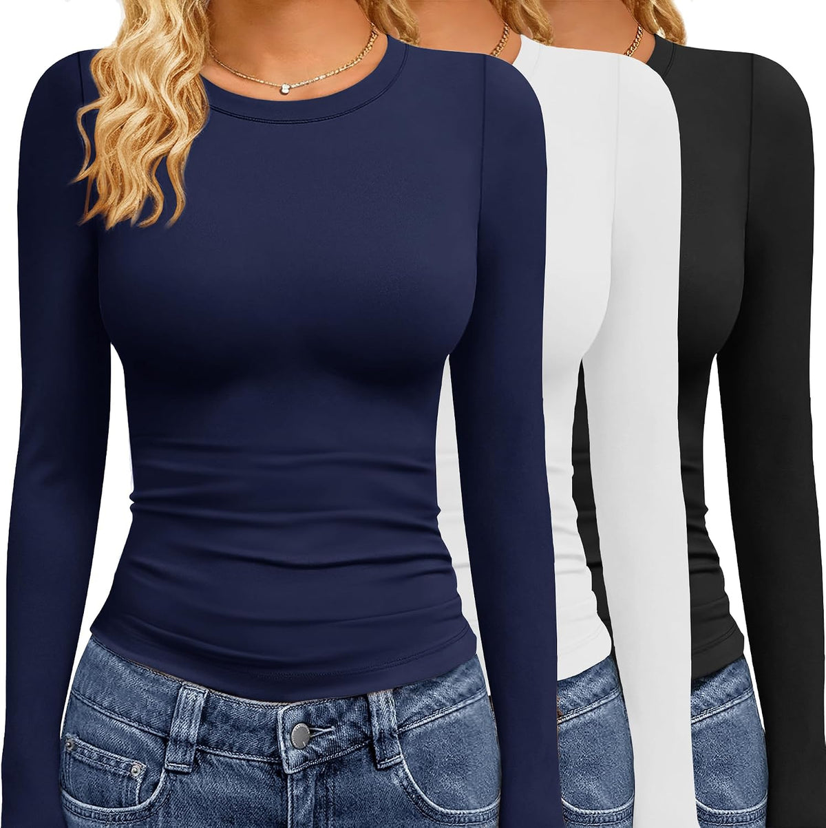 Women's Long Sleeve Tees 3 Pack - Crew Neck, Slim Stretch Fit, Wrinkle Resistant Tops for Office and Gym - Navy Blue,gre