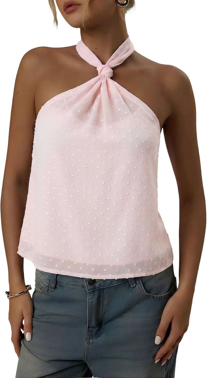Women's Swiss Dot Halter Top - Tie Back Knot, Sheer Sleeveless Cut for Parties and Concert Nights - Small (11)