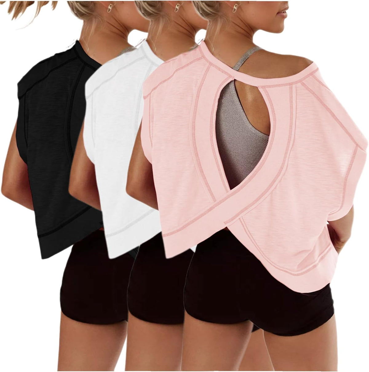 Women's Open Back Crop Tops 3 Pack - Short Sleeve Athletic Tees for Gym, Yoga and Running Sessions - Black&white&blue
