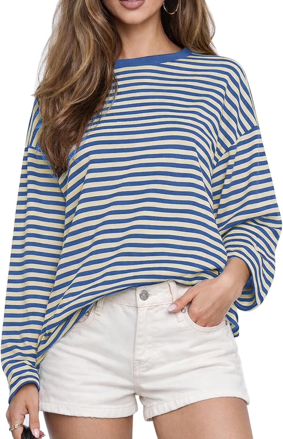 Women's Oversized Striped Long Sleeve Tee - Crew Neck, Contrast Stripe Knit, Relaxed Fall Top for Layering - Small