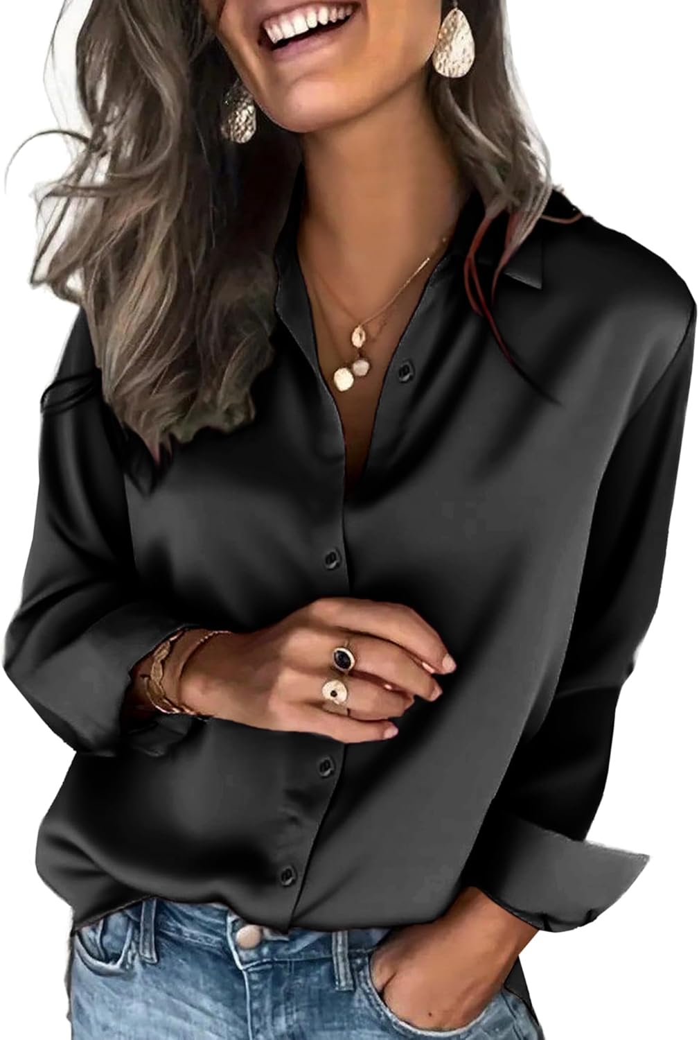 Women's Satin Button Down Blouse - Long Sleeves, Silky Drape, Business Casual Shirt for the Office - Black