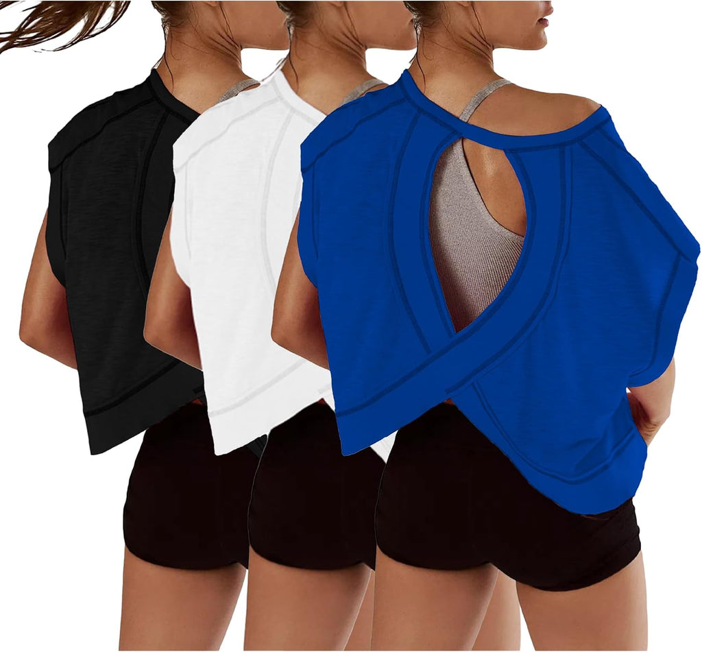 Women's Open Back Crop Tops 3 Pack - Short Sleeve Athletic Tees for Gym, Yoga and Running Sessions - White&grey&rosered
