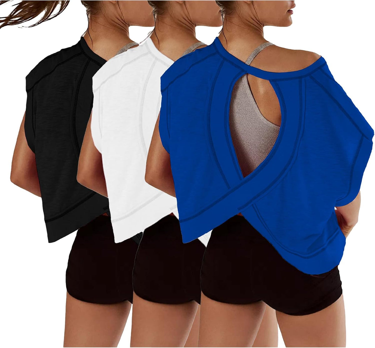 Women's Open Back Crop Tops 3 Pack - Short Sleeve Athletic Tees for Gym, Yoga and Running Sessions - White&grey&rosered