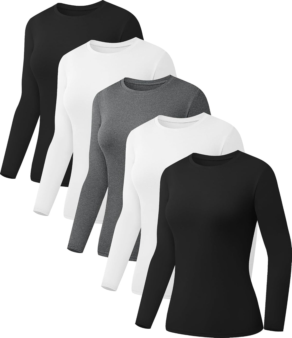Women's Long Sleeve Basic Tops 5 Pack - Crew Neck, Slim Fitted Base Layer Shirts for Layering and Work - 2 Black 1 White
