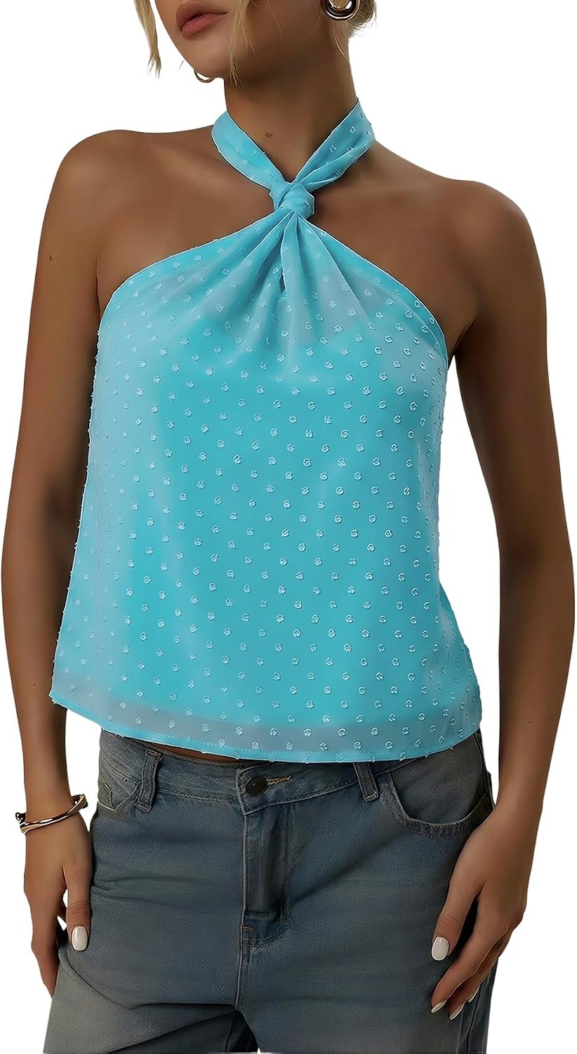 Women's Swiss Dot Halter Top - Tie Back Knot, Sheer Sleeveless Cut for Parties and Concert Nights - Small