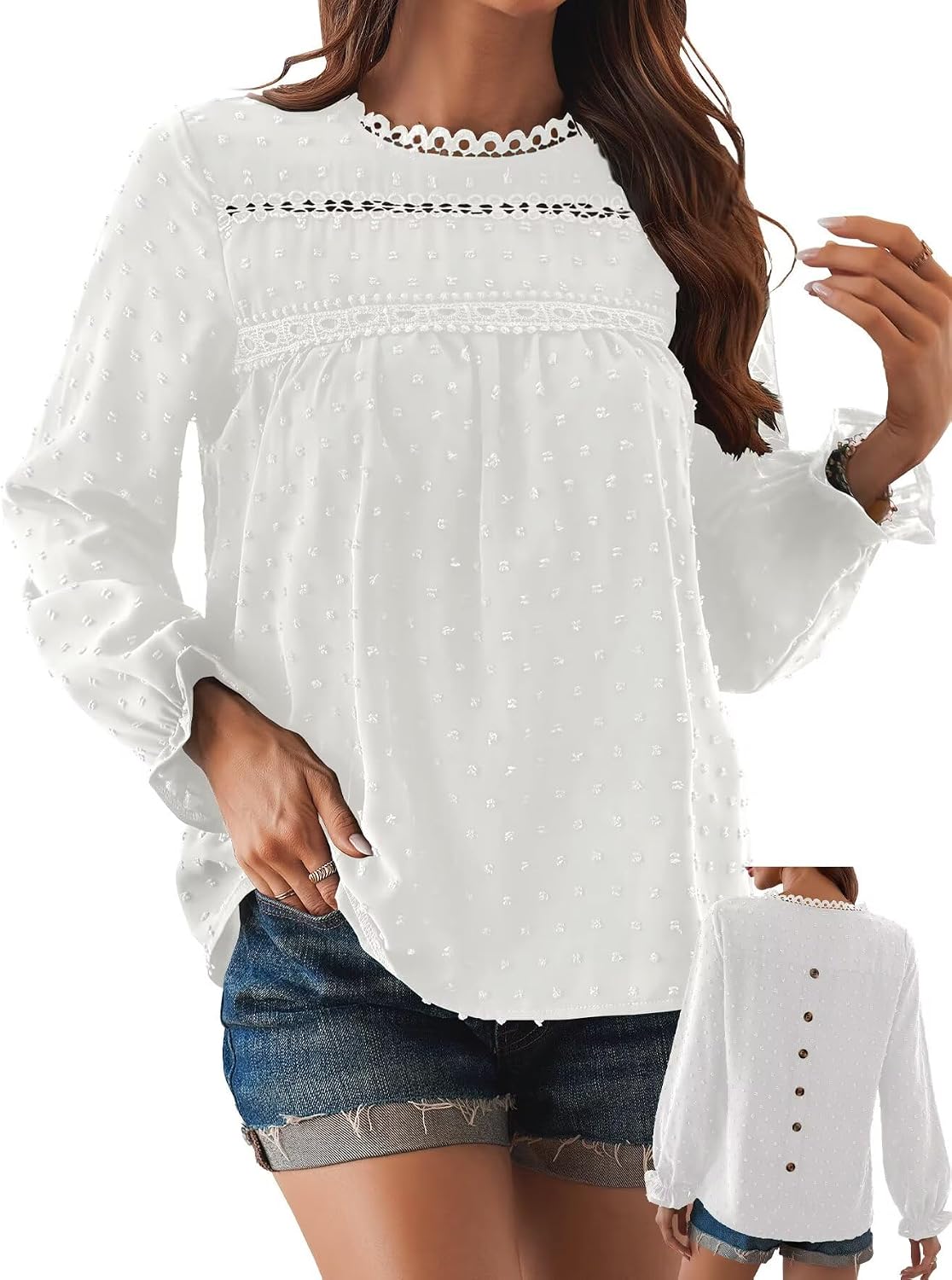 Women's Swiss Dot Ruffle Blouse - Long Sleeve Crew Neck, Eyelet Lace Trim, Flowy Fit in Sizes XS to 5XL - Small (9)