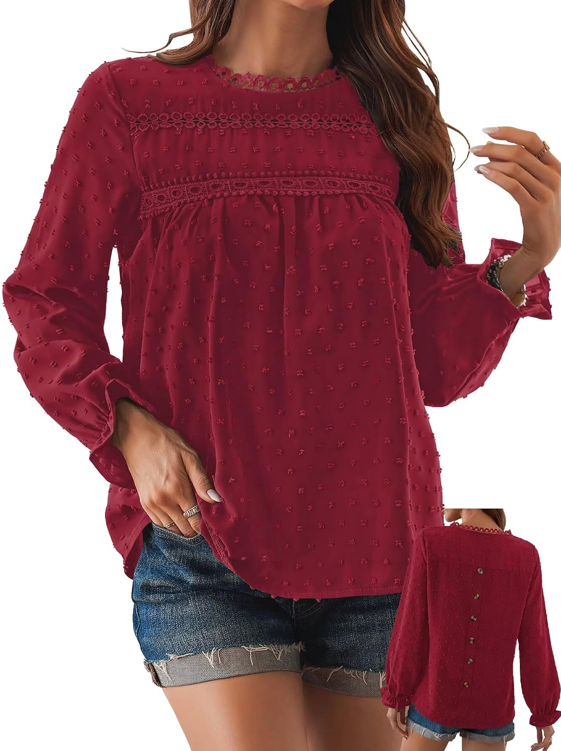 Women's Swiss Dot Ruffle Blouse - Long Sleeve Crew Neck, Eyelet Lace Trim, Flowy Fit in Sizes XS to 5XL - Small (16)