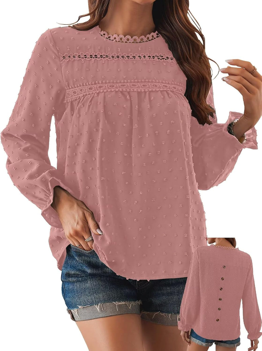 Women's Swiss Dot Ruffle Blouse - Long Sleeve Crew Neck, Eyelet Lace Trim, Flowy Fit in Sizes XS to 5XL - Small
