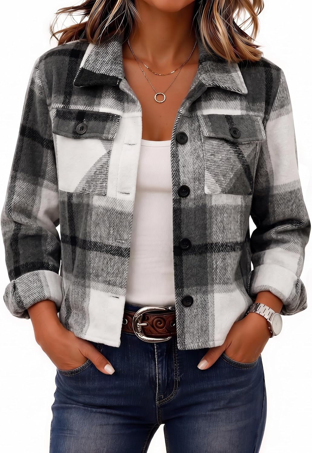 Women's Cropped Plaid Flannel Shacket - Button Down Shirt Jacket for Fall and Winter Layering - Large