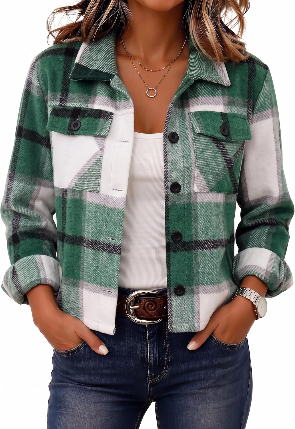 Women's Cropped Plaid Flannel Shacket - Button Down Shirt Jacket for Fall and Winter Layering - Large