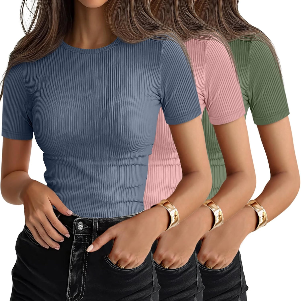Women's Ribbed Cotton Tees 3 Pack - Crew Neck, Slim Fitted Short Sleeve Tops for Work and Weekends - Medium