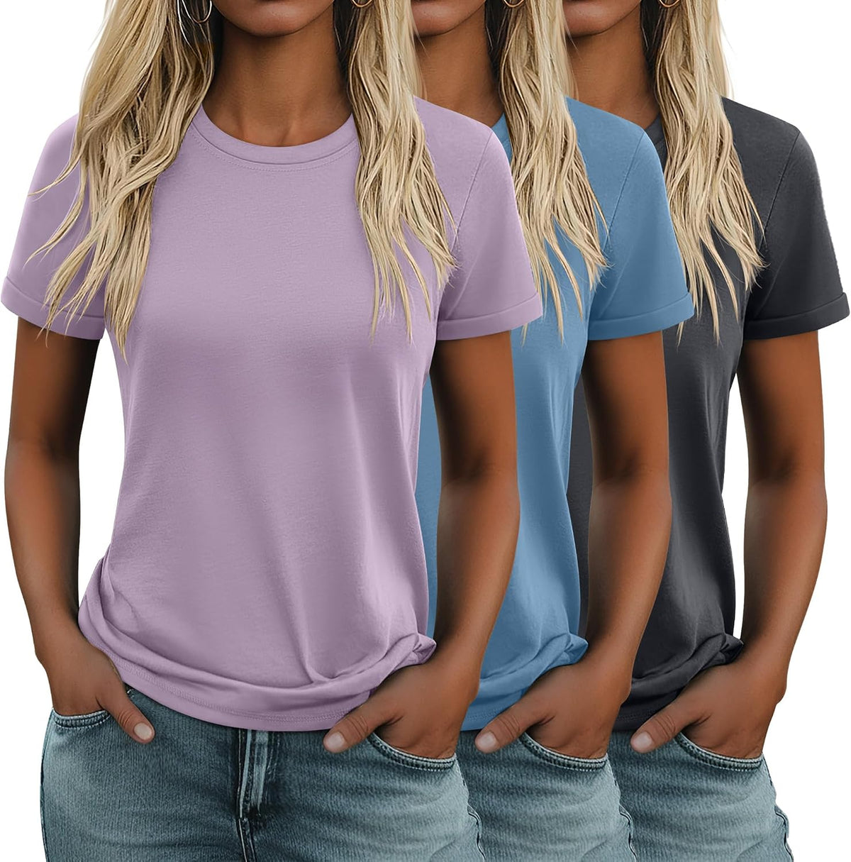 Women's Cotton Basic Tees 3 Pack - Crew Neck, Loose Fit Short Sleeve Tops for Daily and Gym Wear - Black, White, Khaki