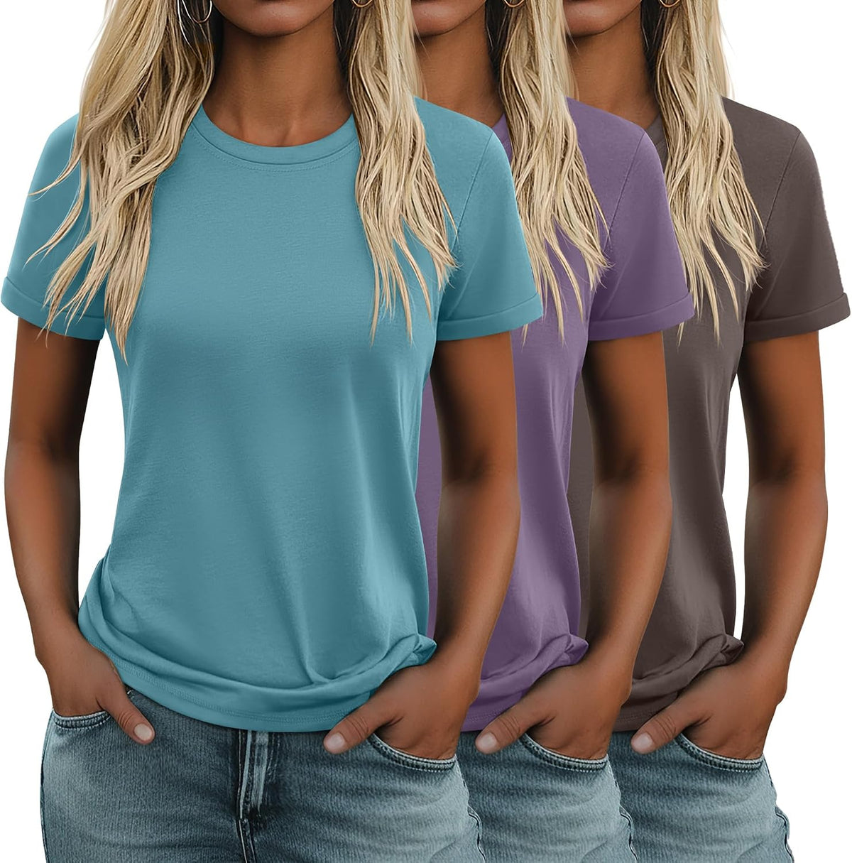 Women's Cotton Basic Tees 3 Pack - Crew Neck, Loose Fit Short Sleeve Tops for Daily and Gym Wear - Black, White, Haze Bl